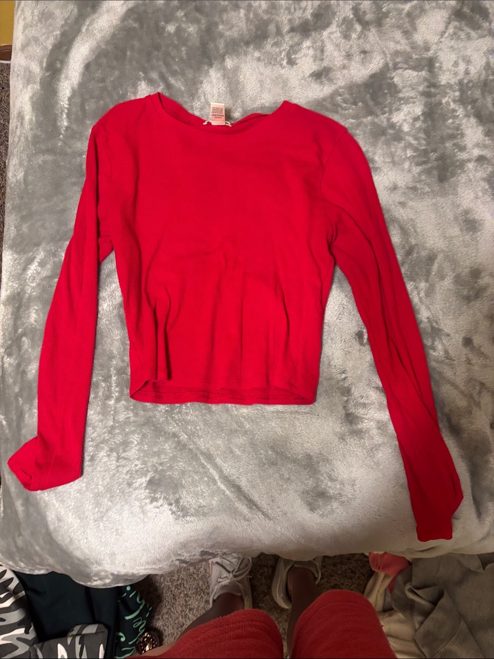 Bozzolo Red Ribbed Long Sleeve Crewneck Top